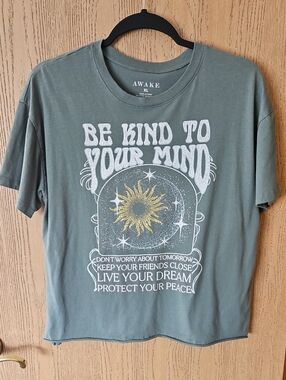AWAKE Olive Green Short-Sleeve Graphic Tee with Gold Sun